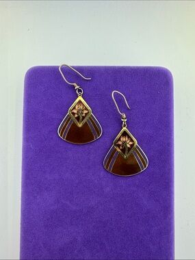 💛 Vintage Laurel Burch Gold Plated Brown Water Lilly Enamel Drop Earrings